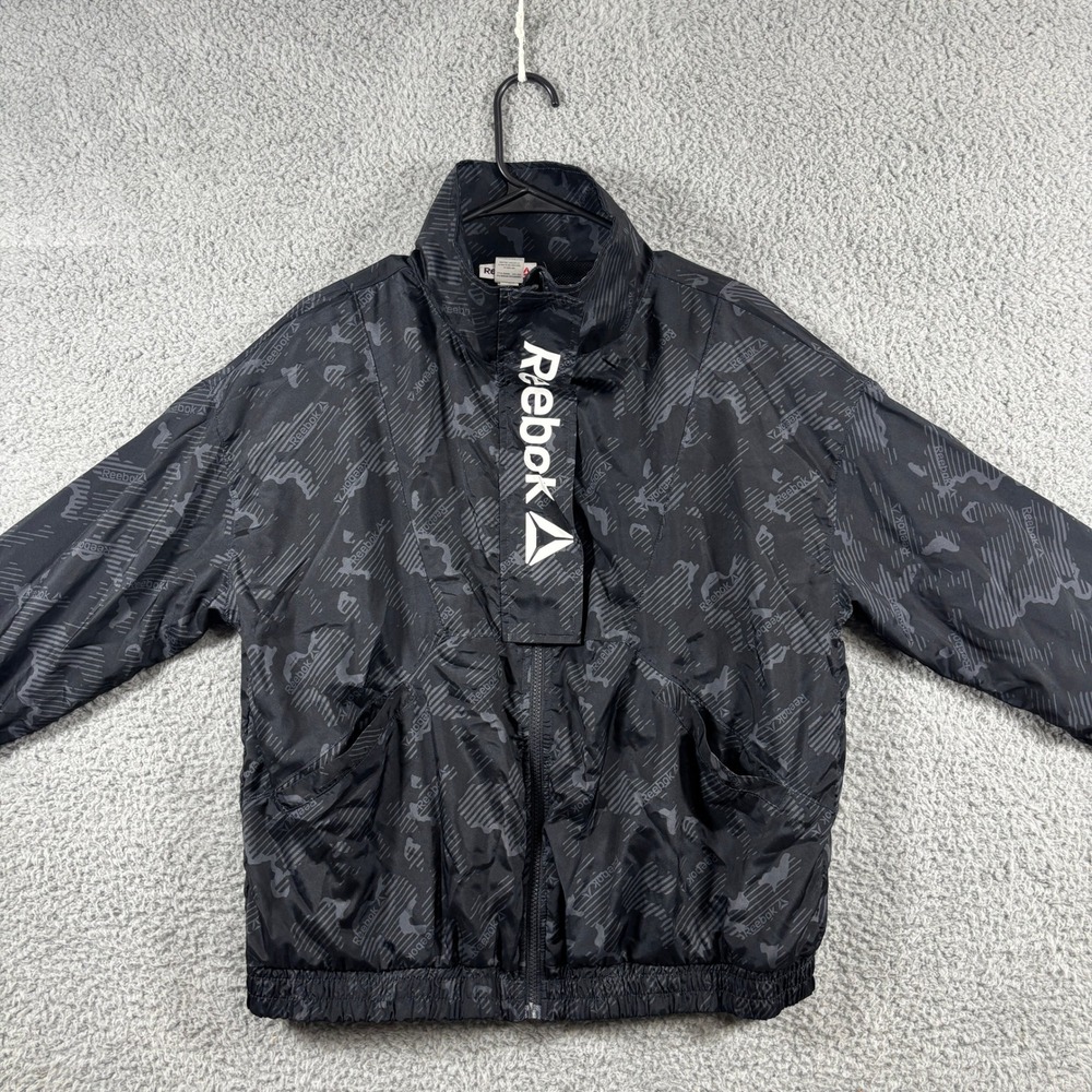 Reebok Womens Black Logo Print Full Zip Windbreaker Jacket REW231JK04 Large